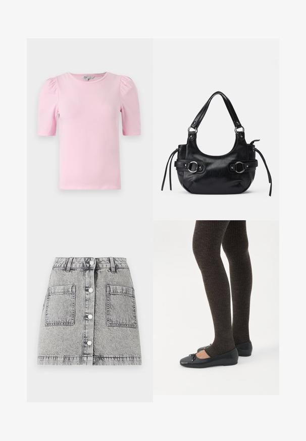 Lichtroze, kortärmige T-shirt gemaakt van zachte stof. Heeft een klassieke ronde hals en gathered pofmouwen voor extra textuur.; Lichtgrijze denimrok met een vervaagde textuur, voorzien van een knoopsluiting aan de voorkant, twee grote zijzakken en een rechte snit.; Benen met donkere geribbelde leggings gecombineerd met zwarte ballerina's met kleine strikdetails op een witte achtergrond.; Zwarte leren handtas met een afgeronde vorm, voorzien van twee zijgespen, een gladde textuur en een korte schouderband. Accenten zijn onder andere zijfranjes.