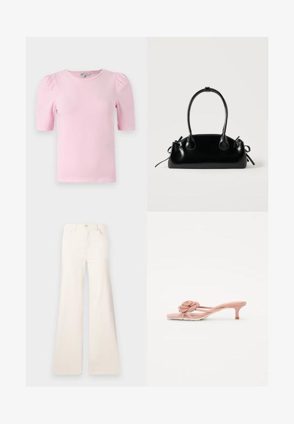 Hellrosa Kurzarm-T-Shirt aus weichem Stoff. Verfügt über einen klassischen Rundhalsausschnitt und geraffte Puffärmel für zusätzliche Textur.; ONLY Wide-fit ONLMADISON High waist Wide Leg Fit - Wide Leg - ecru; Helle rosa Rutschsandalen mit einem strukturierten Blumendetail am Riemen und einem kleinen Absatz. Weiches Material und offenes Design.; Kleine schwarze glänzende Handtasche mit zwei langen Griffen und seitlichen Kordelzug-Details vor einfachem hellem Hintergrund.