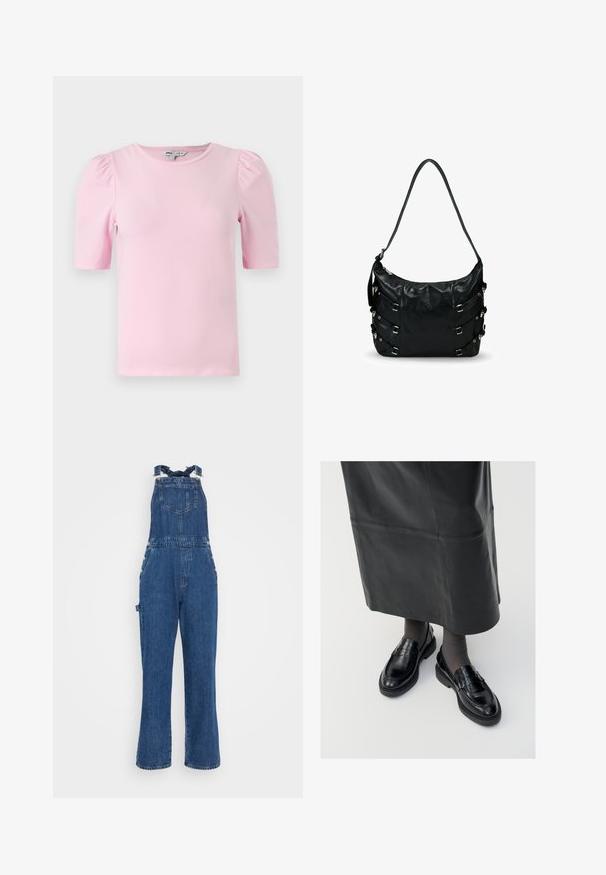 Camiseta de manga corta de color rosa claro hecha de tela suave. Presenta un cuello redondo clásico y mangas abullonadas con fruncidos para añadir textura.; Pantalones de mezclilla tipo peto con tirantes ajustables, bolsillo frontal y detalles de botones en el costado. Color azul profundo y diseño de pierna recta con una textura desgastada.; Mocasines de cuero negro con un acabado suave, que presentan una tira decorativa, puntera redonda y suela texturizada. Llevados con una falda larga de cuero negro.; Bolso de mano de cuero negro con forma redondeada, que presenta acentos de hardware plateado, detalles de hebilla en los lados y una sola correa. Superficie texturizada.