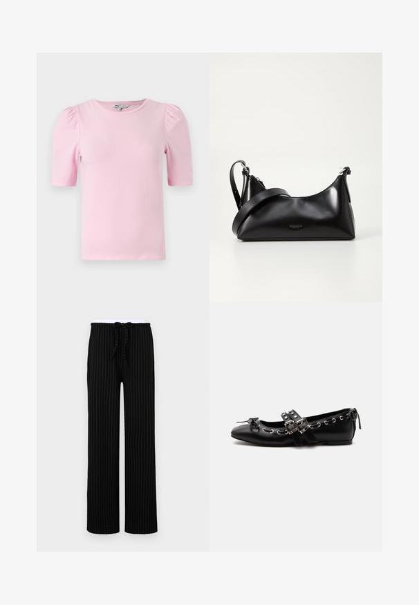 Hellrosa Kurzarm-T-Shirt aus weichem Stoff. Verfügt über einen klassischen Rundhalsausschnitt und geraffte Puffärmel für zusätzliche Textur.; Schwarze, gestreifte Hose mit entspannter Passform, ausgestattet mit einem elastischen Bund und Kordelzug, aus einem weichen Stoff gefertigt.; Schwarzer flacher Ballettschuh mit doppelten Schnallenriemen, silbernen Ösen und einer kleinen Schleife nahe der abgerundeten Spitze auf weißem Hintergrund.; Schwarze lederne Handtasche mit glatter Textur. Verfügt über einen verstellbaren Riemen und ein elegantes, minimalistisches Design mit einem Reißverschluss.