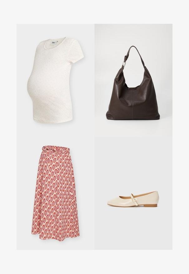 Hvid kortærmet graviditetst-shirt med lille pink blomsterprint og rund halsudskæring på ensfarvet baggrund.; Rødt og hvidt mønstret omslagsnederdel med bindebånd i taljen, med et geometrisk design og en flydende silhuet.; Beige patentlæder balletflade med firkantet tå, lille hæl og justerbar ankelrem med guldspænde accent.; Zign by Zalando LEATHER - Shopping bags - chocolate brown