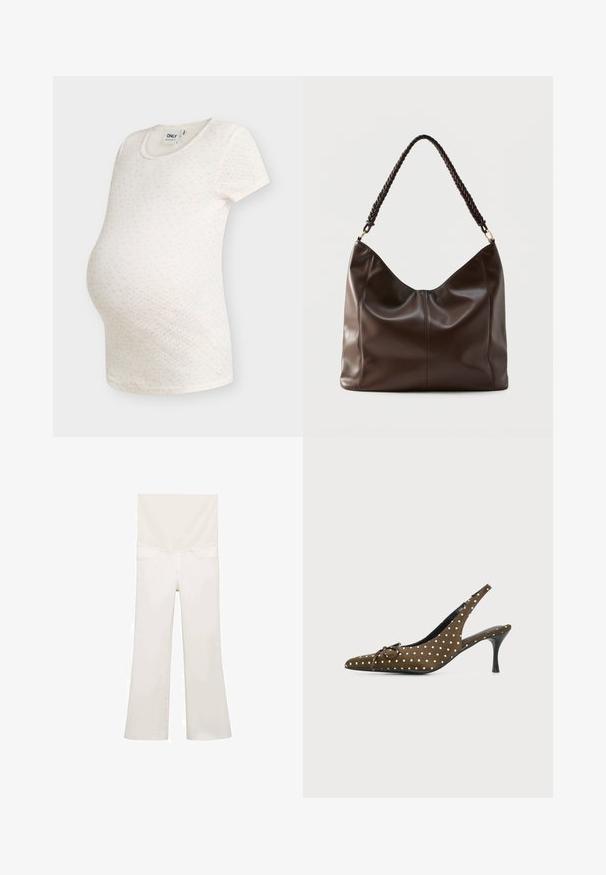 Hvid kortærmet graviditetst-shirt med lille pink blomsterprint og rund halsudskæring på ensfarvet baggrund.; Hvide brede jeans set bagfra, med en glat tekstur, to baglommer og subtile syninger langs sømmene.; Brun slingback højhælet sko med hvide polkaprikker, spids tå, lille sløjfe og sort stilethæle på ensfarvet baggrund.; Mørkebrun læder skuldertaske med flettet håndtag og synlige sømdetaljer på forsiden.