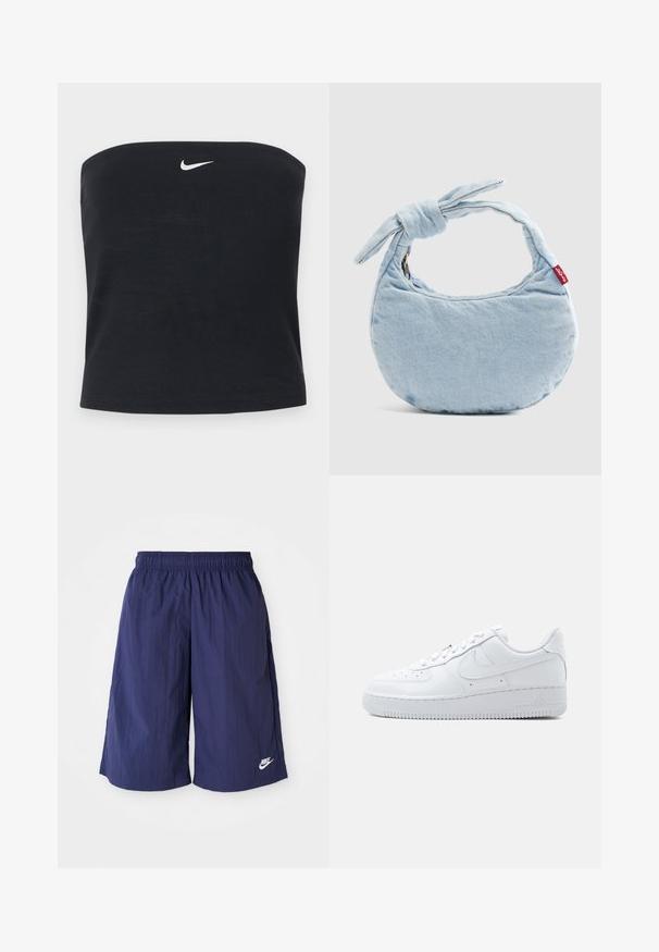 Sort Nike strapless tube top med hvid Swoosh-logo centreret nær den øverste kant, ensfarvet baggrund.; Mørkeblå Nike-shorts med elastisk talje, lavet af letvægts, glat stof, med et lille hvidt logo på den nederste side.; Hvid Nike Air Force 1 sneaker med lavt snit, snørelukning, perforeret tåboks og karakteristisk Swoosh-logo på siden.; Lyseblå denim skuldertaske med knudedetalje på håndtaget og en lille rød Levi's-mærkat på siden.