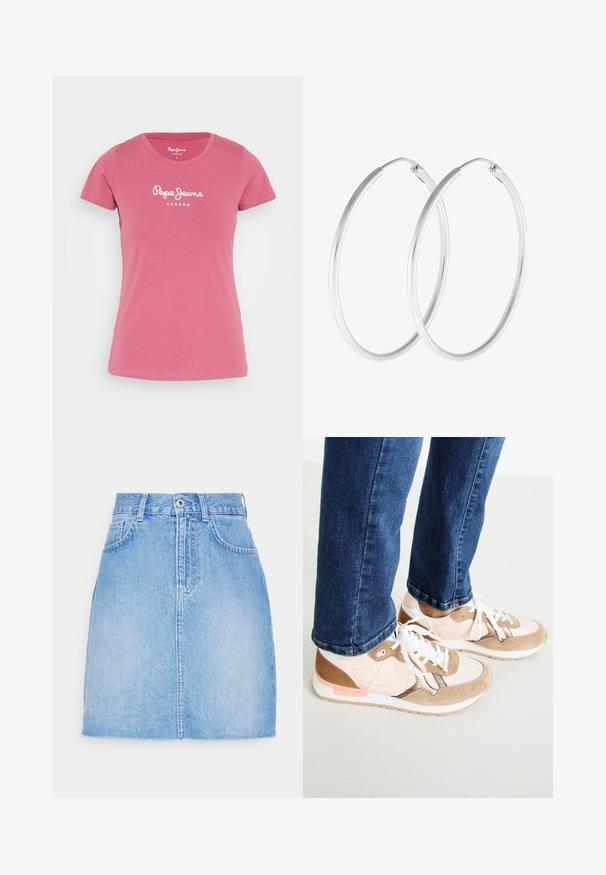 Pepe Jeans NEW VIRGINIA - Camiseta estampada - dark blush; Falda de mezclilla azul claro con corte recto, cierre frontal de botones y dos bolsillos laterales. El dobladillo está ligeramente deshilachado para un look casual.; Zapatillas con una mezcla de piel en color rosa empolvado y ante beige, con cordones blancos, una entresuela blanca y una suela de goma texturizada. Jeans de mezclilla ligeramente recortados por encima del zapato.; Pendientes de aro en tono plateado con forma redonda y un acabado pulido. Ambos pendientes son del mismo tamaño y cuentan con un mecanismo de cierre seguro.