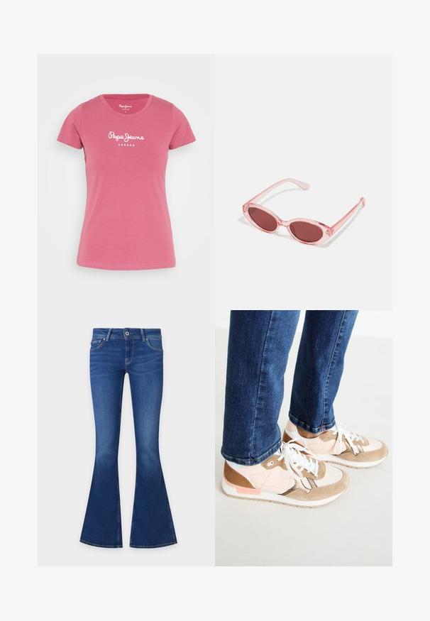 Pepe Jeans NEW VIRGINIA - Camiseta estampada - dark blush; Vaqueros de denim azul con diseño de pierna acampanada, cierre frontal de botones y bolsillos delanteros y traseros, mostrados sobre un fondo claro y liso.; Zapatillas con una mezcla de piel en color rosa empolvado y ante beige, con cordones blancos, una entresuela blanca y una suela de goma texturizada. Jeans de mezclilla ligeramente recortados por encima del zapato.; Gafas de sol transparentes rosas con lentes ovalados, tinte rojo oscuro y varillas delgadas, con un acabado suave y detalles sutiles en la montura.