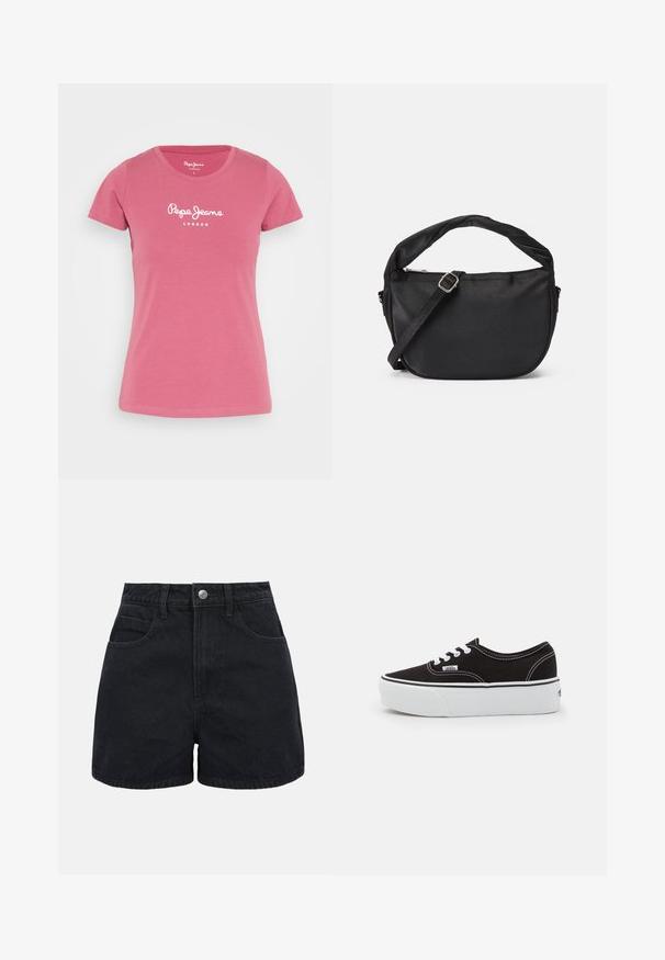 Pepe Jeans NEW VIRGINIA - T-shirts print - dark blush; Sorte denimshorts med høj talje, frontknap, bæltestropper og to forlommer på en ensfarvet hvid baggrund.; Sort lærred sneakers med en hvid gummi platform sål, der har hvide snørebånd og syninger, ikonisk branding på siden, lav-top design.; Sort stof skuldertaske med et snoet håndtag, en aftagelig rem og en lynlåslukning i toppen. Glat tekstur og minimalistisk design.