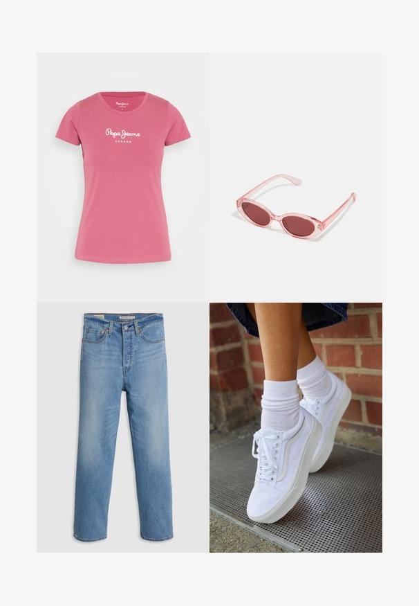 Pepe Jeans NEW VIRGINIA - T-Shirt print - dark blush; Hellblaue gerade geschnittene Jeans aus Denim mit Fronttaschen, Gürtelschlaufen und einem Knopfverschluss auf einem schlichten Hintergrund.; Weiße Leinensneaker mit Gummisohlen, ausgestattet mit sechs Ösen, runder Zehenpartie und dezenten Nähten, kombiniert mit weißen Knöchelsocken.; Pink transparente Sonnenbrille mit ovalen Gläsern, dunkler roter Tönung und schlanken Bügeln, ausgestattet mit einer glatten Oberfläche und dezenten Details am Rahmen.
