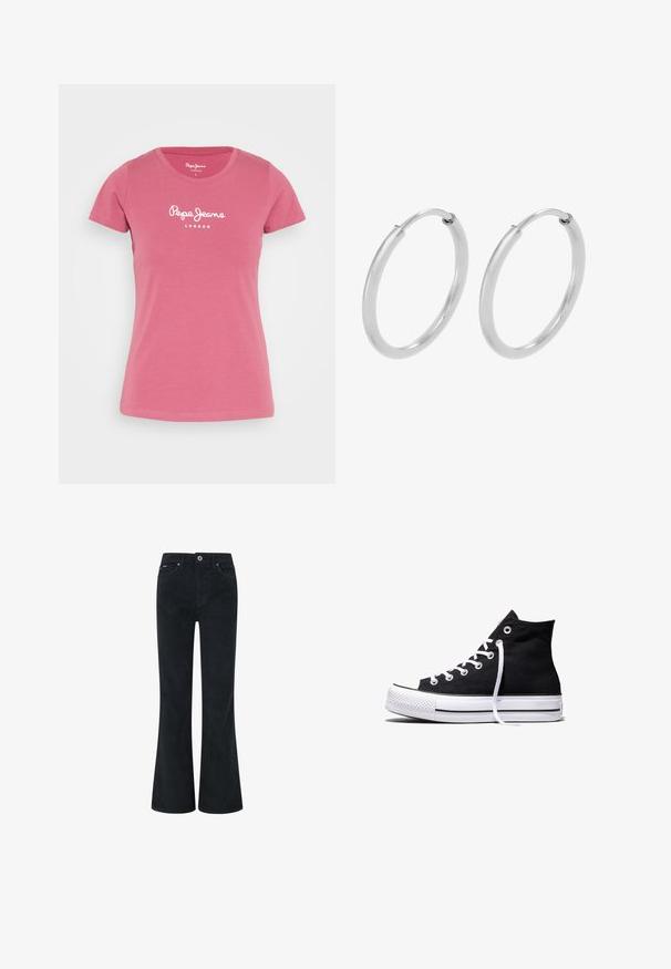 Pepe Jeans NEW VIRGINIA - T-Shirt print - dark blush; Schwarze Corduroy-Bootcut-Hosen mit Knopf- und Reißverschluss, ausgestattet mit zwei vorderen Taschen und einer glatten Textur. Gerade Beinoptik.; Schwarzer High-Top-Canvas-Sneaker mit weißer Gummisohle und weißen Schnürsenkeln, seitlich dargestellt vor weißem Hintergrund.; Silberne Creolen, kreisförmig, mit glatter, glänzender Oberfläche und gleichbleibender Breite. Minimalistisches Design ohne zusätzliche Akzente.
