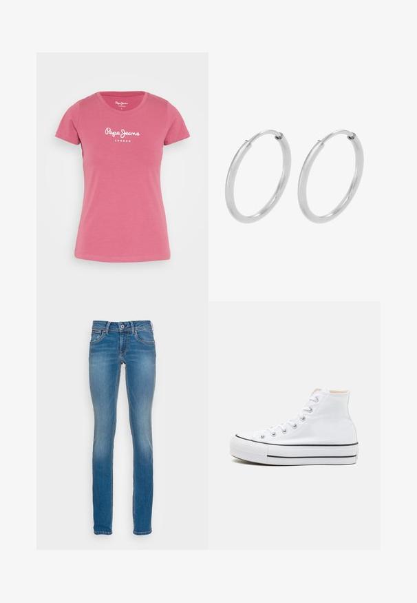 Pepe Jeans NEW VIRGINIA - Tričko s potlačou - dark blush; Svetlomodré džíny s priliehavým strihom, piatimi vreckami a kontrastným oranžovým šitím, s uzatváraním na gombík a zips.; Biele vysoké tenisky z plátnovej látky, čierna gumová podrážka a kontrastný čierny pruh na strednej podrážke. Okrúhla špička a zaväzovací dizajn.; Strieborné kruhové náušnice, oblého tvaru, hladký lesklý povrch a rovnomerná šírka po celom obvode. Minimalistický dizajn bez ďalších akcentov.