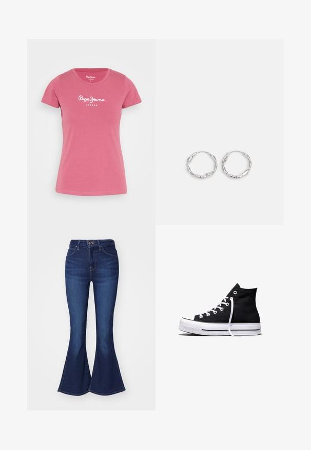 Pepe Jeans NEW VIRGINIA - T-Shirt print - dark blush; Dunkelblaue Schlagjeans aus Denim mit hoher Taille, fünf Taschen und Knopfverschluss, leicht ausgebleicht an den Oberschenkeln.; Schwarzer High-Top-Canvas-Sneaker mit weißer Gummisohle und weißen Schnürsenkeln, seitlich dargestellt vor weißem Hintergrund.; Silberne Creolen mit einer welligen, unregelmäßigen Textur. Besitzen eine dünne, kreisförmige Form und eine reflektierende Oberfläche.