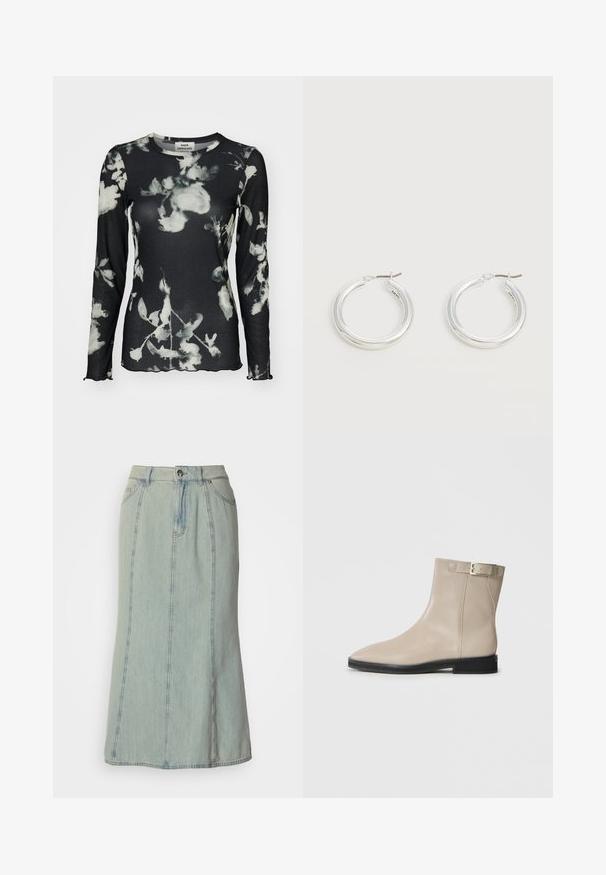 Zwarte top met lange mouwen en een geribbelde structuur, voorzien van een wit bloemmotief en gegolfde randen. Etiket zichtbaar bij de hals.; Lichtblauwe denim midi-rok met voorknoop, ritssluiting, riemlussen en verticale naaddetails.; Beige leren enkellaars met spitse neus, zwarte zool, lage hak en gouden gespband aan de buitenkant, weergegeven op een witte achtergrond.; Een paar middelgrote glanzende zilveren oorringen met dunne metalen sluitingen op een lichte neutrale achtergrond.