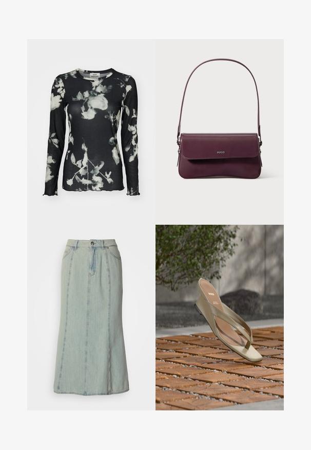 Zwarte top met lange mouwen en een geribbelde structuur, voorzien van een wit bloemmotief en gegolfde randen. Etiket zichtbaar bij de hals.; Lichtblauwe denim midi-rok met voorknoop, ritssluiting, riemlussen en verticale naaddetails.; Beige leren teenslipper met BOSS-logo op de binnenzool, zwevend boven een houten terras met kleine grindsteentjes ertussen.; Bordeauxrode leren handtas met een gestructureerd ontwerp, voorzien van een klepsluiting en een verstelbare riem. Logo detail geperst aan de voorkant.
