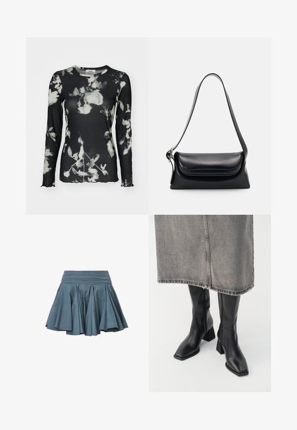 Langærmet sort top med ribbet tekstur, prydet med et hvidt blomster mønster og bølgede kanter. Etiket synlig ved halsen.; AllSaints TULIP - A-snit nederdel - dark slate blue; Sorte knæhøje støvler i glat læder med firkantet tå og blokeret hæl. Båret med en grå denimnederdel med flosset kant.; Sort læderhåndvask med en struktureret form, en glat overflade og en enkelt skulderrem. Har et subtilt, rundet klapdesign.