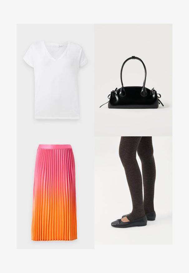 Witte V-hals T-shirt gemaakt van zachte katoen, met korte opgerolde mouwen en een losse pasvorm, met een eenvoudig, onopgesmukt ontwerp.; Plissérok met een verloop van roze naar oranje, voorzien van een soepele tailleband en een vloeiend ontwerp, gemaakt van lichte stof.; Benen met donkere geribbelde leggings gecombineerd met zwarte ballerina's met kleine strikdetails op een witte achtergrond.; Kleine zwarte glanzende handtas met twee lange hengsels en zijkant trekkoord details op een effen lichte achtergrond.