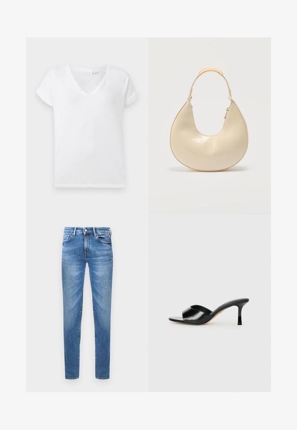 Weißes V-Ausschnitt-T-Shirt aus weicher Baumwolle mit kurzen, gerollten Ärmeln und lockerer Passform, in einem einfachen, schlichten Design.; Hellblaue Jeans aus Denim im Slim-Fit. Merkmale sind ein Knopfverschluss, fünf Taschen und eine gewischte Textur an den Oberschenkeln.; Schwarze Leder-Pumps mit hohen Absätzen und offenem Zehenbereich sowie einem breiten, geschwungenen Oberriemen. Glatte Textur und schlanker Silhouette.; Cremefarbene, halbmondförmige Handtasche mit kurzem Henkel, der einen goldfarbenen Metallakzent und einen seitlichen Reißverschlussverschluss aufweist.