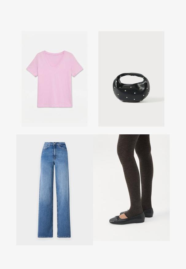 Hellrosa T-Shirt mit kurzen Ärmeln und V-Ausschnitt, flach auf einem weißen Hintergrund liegend, Vorderseite und schlichtes Design sichtbar.; Helleblaue, weit geschnittene Jeans aus Denim mit hoher Taille, Vorderaschen und einem normalen Knopfverschluss. Glatte Textur.; Beine in dunklen, gerippten Leggings kombiniert mit schwarzen Ballerinas mit kleinen Schleifendetails auf weißem Hintergrund.; Schwarze Lederhandtasche mit abgerundeter Form, verziert mit silbernen Nietenakzenten und kurzem Griff. Glatte Struktur und Reißverschlussverschluss.