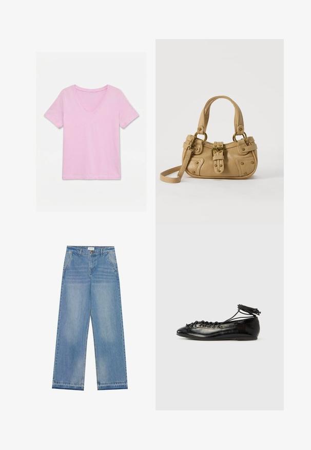 Lyserød kortærmet V-hals T-shirt lagt fladt på en hvid baggrund, der viser forsiden og et simpelt design.; Lyseblå højtaljede wide-leg jeans med knaplukning, frontlommer, bæltestropper og diskret falmet detaljer.; Sorte balletflade sko i laklæder med rundet tå, snørelukning og flad sål. Glat tekstur med få detaljer.; Beige læderhåndtaske med dobbelte håndtag, messing spænde og nitte detaljer samt en justerbar skulderrem mod en hvid baggrund.