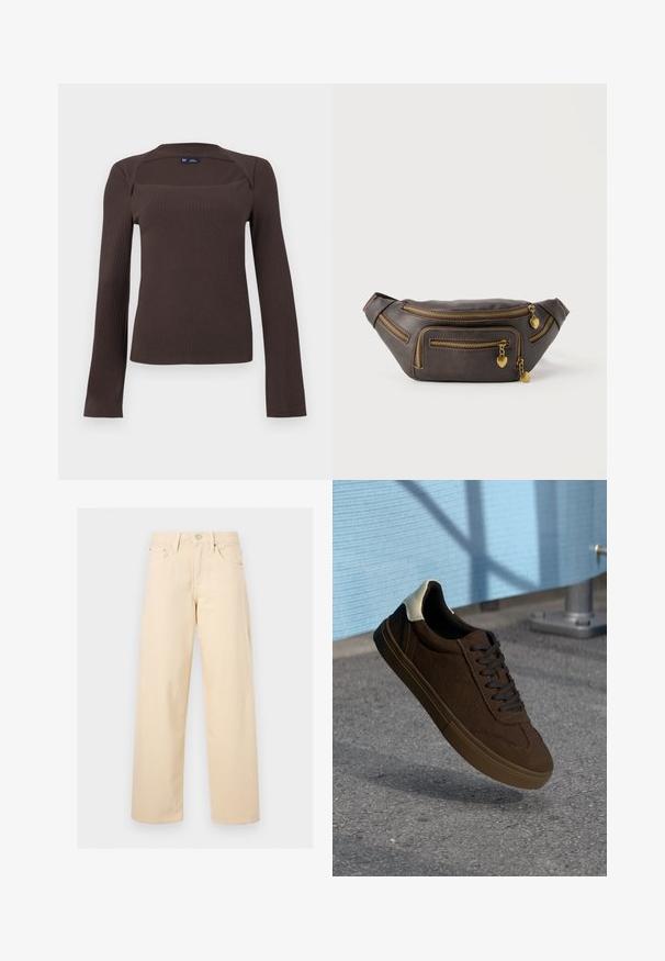 Donkerbruin geribd shirt met lange mouwen, vierkante halslijn en een subtiele kraagdetail, maat small van GAP, afgebeeld op een eenvoudige achtergrond.; Beige recht vallende broek met knoop en ritssluiting aan de voorkant, riemlussen en een ontwerp met vijf zakken op een effen lichte achtergrond.; Bruine suède lage sneakers met zwarte veters, voorzien van een witte hielcap en textuurdetails in de stiksels. Rubberen zool.; Donkerbruine leren heuptas met meerdere gouden ritsen, elk voorzien van een klein hartvormig bedelhangertje.
