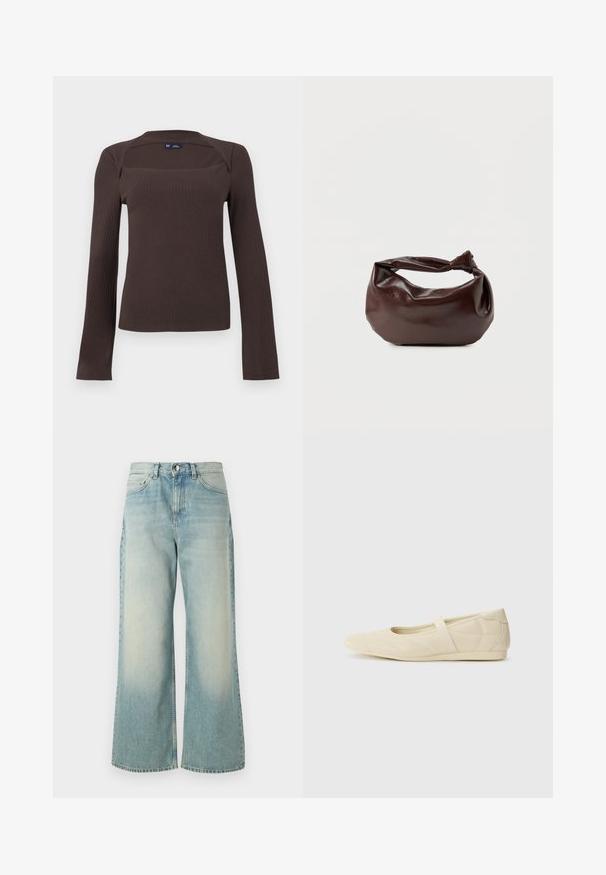 Mørkebrun ribbet langærmet top med firkantet halsudskæring og let krave, mærket størrelse small fra GAP, vist på ensfarvet baggrund.; Lyseblå vide jeans lavet af denim, med en afdæmpet vask, klassisk fem-lomme design og en frontknaplukning.; Lysebrune ballet flats med en glat læderoverflade, mandelformet tå og elastisk rem over vristen, med diskrete syninger.; Mørkebrun læder skuldertaske med en blød, afslappet form og et snoet knudehåndtag på en ensartet hvid baggrund.