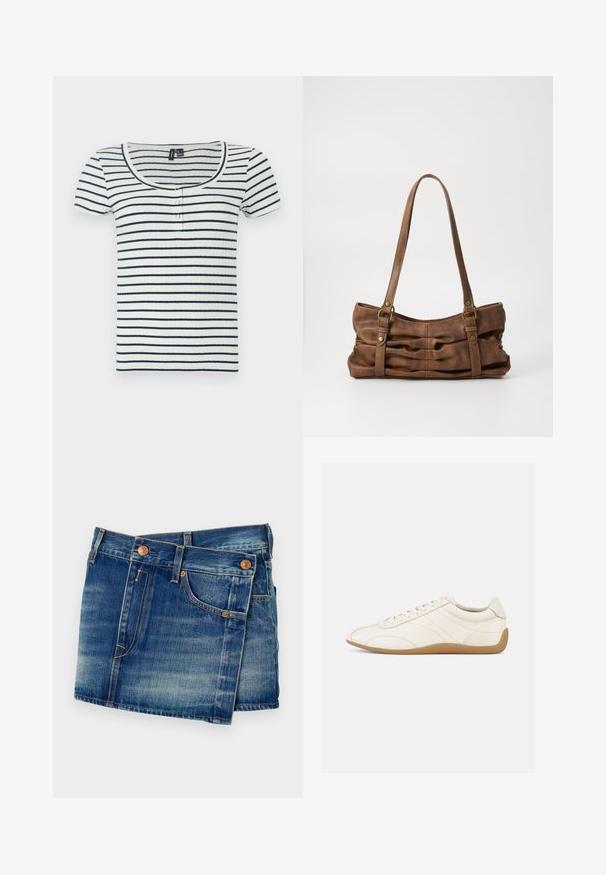 Ribbet kortærmet top med en scoop halsudskæring, udsmykket med vandrette marineblå og hvide striber samt tre knapper foran.; Denimshorts i mellemblå med en falmet vask, prydet med kobberknapper, fem-lommes design og kontrastsyninger.; Hvid lædersneaker med en glat tekstur, rund tå og tonale syninger. Har en tanfarvet gummisål og snørebånds-lukning.; Even&Odd Håndtasker - brown
