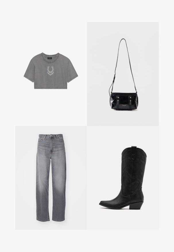 Afklippet grå T-shirt lavet af bomuld med rund hals, korte ærmer og et hvidt hestesko-grafik i midten.; Weekday RAIL MID LOOSE STRAIGHT - Jeans Straight Leg - misty grey; Sort læder cowboystøvle med spids tå, lav stablet hæl og indviklet præget bladmønster på skaftet. Strop øverst for nem påtagning.; Sort skuldertaske i læder med justerbar rem, to lodrette lynlåse foran og et lille metalvinge-emblem under lynlåsene.