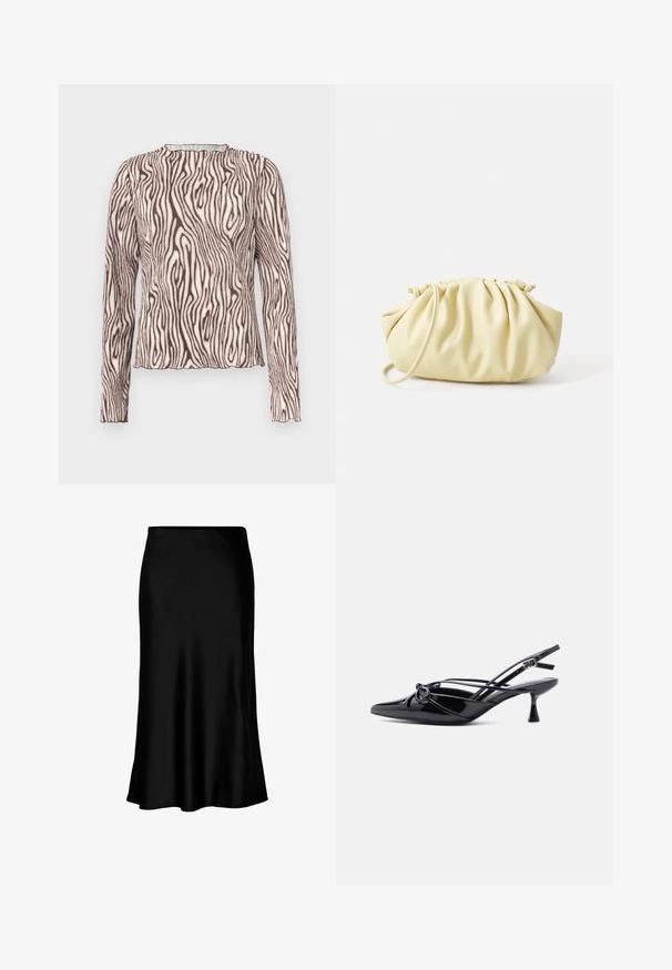 Strak vallend shirt met lange mouwen en een hoge halslijn, voorzien van een beige en donkerbruine golvende zebra-achtige print en licht gerimpelde zoom en manchetten.; Zwarte satijnen midi-rok met een gladde textuur, een uitlopende zoom en een nauwsluitende tailleband, met een eenvoudig, klassiek ontwerp.; Zwarte slingback pump van lakleer met een spits toelopende neus, lage kittenhak en decoratieve knoopstrik aan de voorkant.; Geel geplooide handtas van soepel nepleer, met een zachte vorm, een enkele schouderriem en een verzameld ontwerp aan de bovenkant.