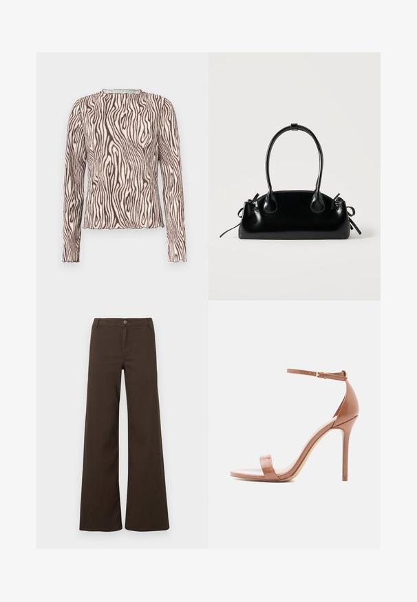 Haut ajusté à manches longues avec encolure haute, présentant un imprimé beige et brun foncé ondulé semblable à un zèbre, avec un ourlet et des poignets légèrement froncés.; Pantalons larges taille haute marron foncé avec fermeture à bouton et passants de ceinture, présentés sur un fond blanc uni.; Sandales à talons en cuir verni nude avec une fine bride à la cheville, design à bout ouvert et talon aiguille. Texture lisse et style minimaliste.; Petit sac à main noir brillant avec deux longues anses et des détails à cordon sur les côtés sur un fond clair uni.