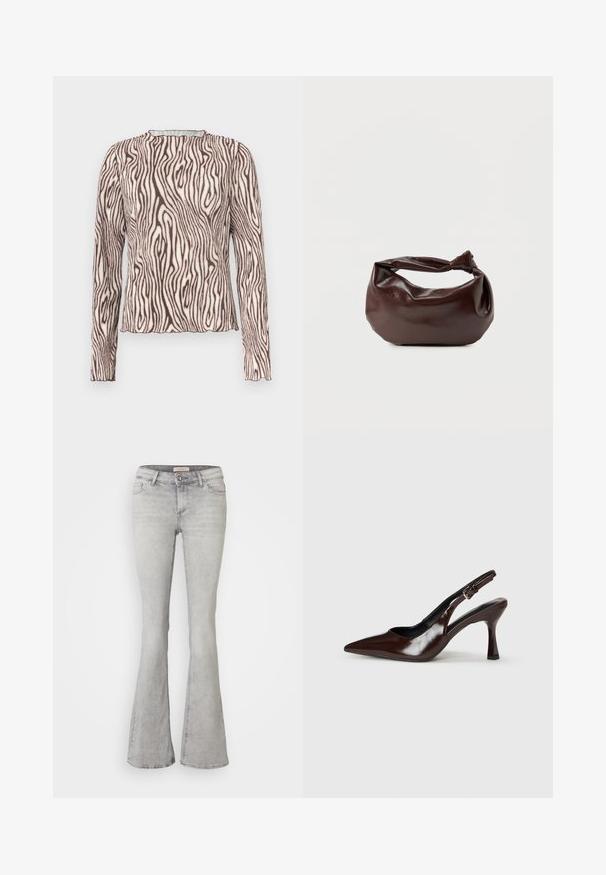 Langærmet tætsiddende top med høj halsudskæring, med beige og mørkebrunt bølget zebra-lignende print samt let flæset kant og manchetter.; Grå denim jeans med flared ben, tætsiddende talje, fem lomme-design og let slidte områder. Med knaplukning og syet kant.; Brune patenterede læderslingback-sandaletter med spids tå, en tynd hæl og justerbar rem med en lille spænde.; Mørkebrun læder skuldertaske med en blød, afslappet form og et snoet knudehåndtag på en ensartet hvid baggrund.