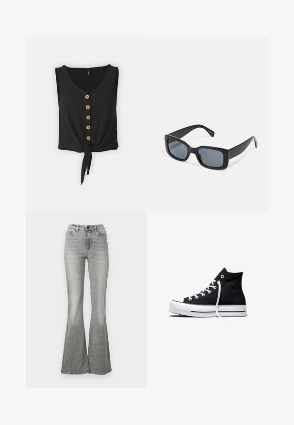Zwarte, geribde mouwloze top met een diepe V-hals, zes gouden knopen aan de voorkant en een geknoopt detail aan de zoom.; Grijze flared jeans van denim, met een hoge taille, voorkezen en een vervagingseffect. De zoom is iets breder, waardoor een flared vorm ontstaat.; Zwarte hooggesloten canvas sneaker met witte rubberen zool en witte veters, zijwaarts weergegeven op een witte achtergrond.; Zwarte rechthoekige zonnebril met donkere getinte lenzen, een dik plastic montuur en brede scharnieren. Glad oppervlak en hoekig ontwerp.