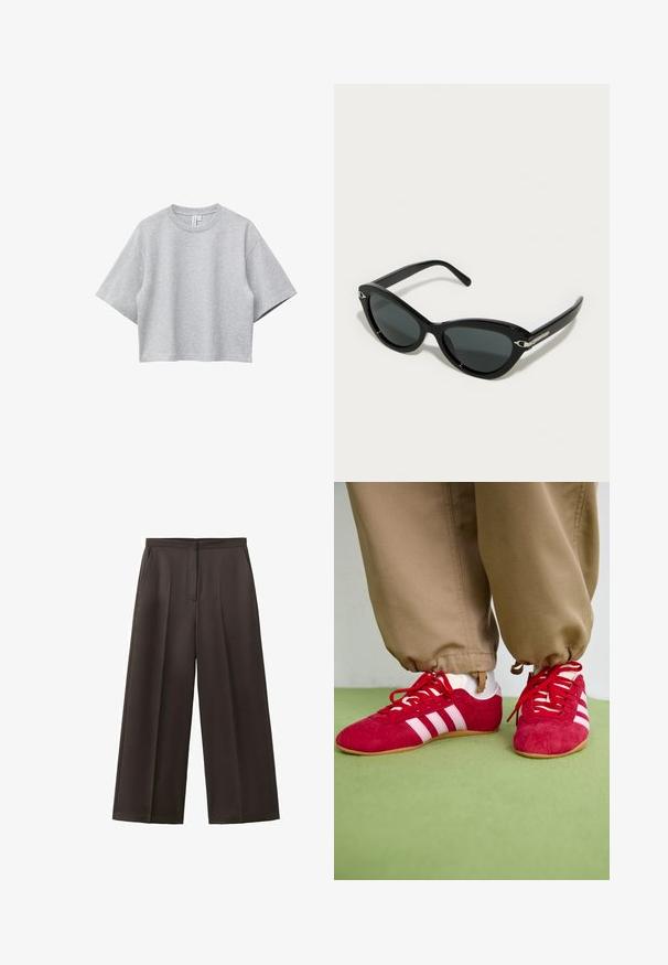 Hellgraues, kurzärmeliges, kurzes T-Shirt mit Rundhalsausschnitt und lockerem Sitz, auf weißem Hintergrund dargestellt.; Schwarze Hose mit weitem Bein, hohem Bund, vorderen Falten und Seitentaschen, entworfen für formelle oder geschäftliche Anlässe.; Rote Wildleder-Sportschuhe mit weißen Streifen, flacher Gummisohle und roten Schnürsenkeln. Getragen mit beigen Hosen, platziert auf einer grünen Fläche.; Schwarze Cat-Eye-Sonnenbrille mit dunklen Gläsern, glänzendem Kunststoffrahmen und silbernen Hardware-Akzenten an den Bügeln. Glatte Oberfläche insgesamt.