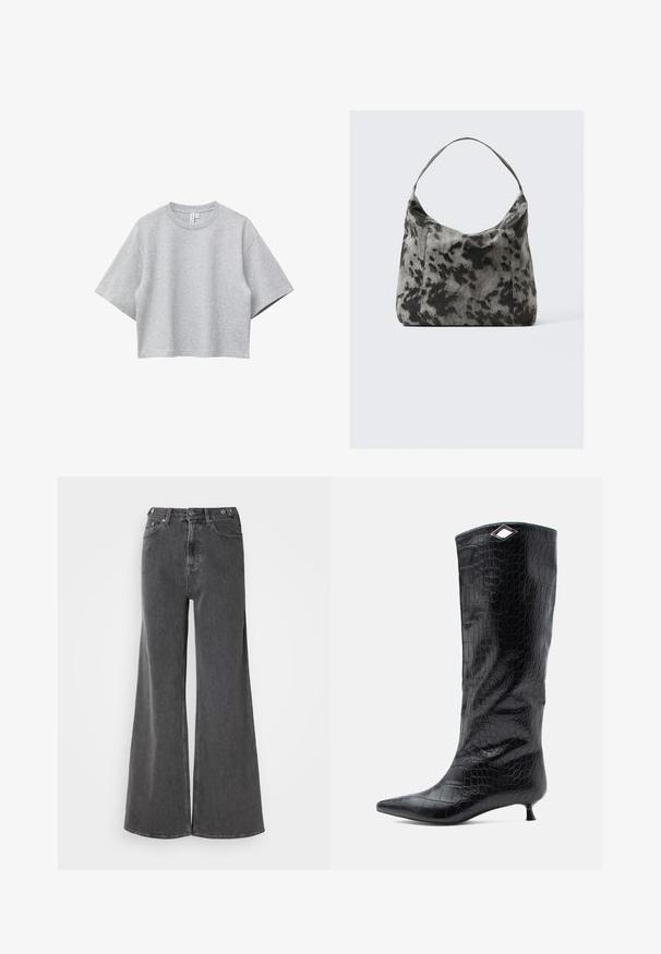 Lysegrå, kortærmet, cropped t-shirt med rund hals og afslappet pasform, vist på en hvid baggrund.; Bredde ben jeans i falmet sort denim, med høj talje, to frontlommer og metalknaplukninger. Glat tekstur, minimal design.; Sorte knæhøje støvler i blank krokodillepræget læder, med spids tå og en lille kitten heel, samt en vinkelret sølvaccent på toppen.; Sort og grå plettet stoftaske med en buet silhuet, enkelt håndtag og blød tekstur, der tilbyder et afslappet og rummeligt design.
