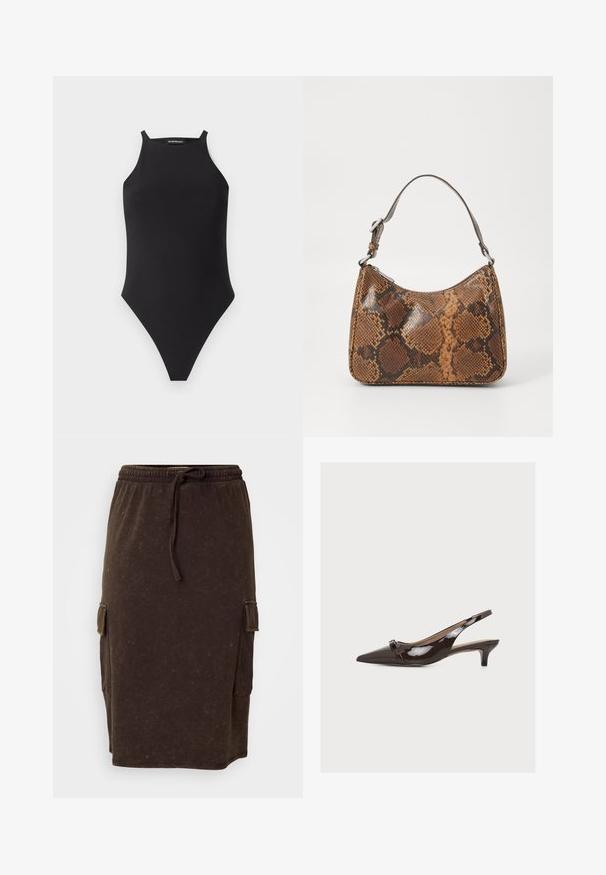Sort ærmeløs bodysuit med høj hals og tynde skulderstropper på hvid baggrund.; Brun bomuldsblandings midi-nederdel med elastisk talje og snor. Sidelommer i cargo-stil og en afslappet pasform. Diskret tekstur.; Mørkebrun laklæder slingback-sko med spids tå, lille kitten heel og dekorativt frontremspænde.; Lille håndtaske med brun og sort slangeskinn mønster, kort justerbar rem og lynlåslukning.
