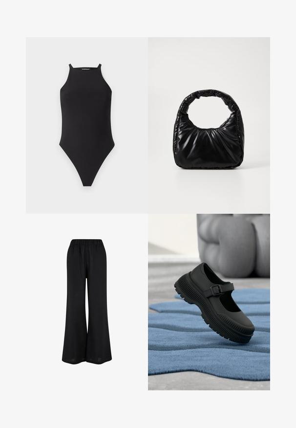 Body negro sin mangas con cuello alto y finas tiras en los hombros sobre fondo blanco.; Pantalones de pierna ancha negros, fabricados con un tejido ligero. Cuentan con una cinturilla elástica y un diseño fluido hasta el suelo.; Zapato negro estilo Mary Jane con suela gruesa acanalada y correa con hebilla, sobre una alfombra azul texturizada con fondo desenfocado.; Bolso negro acolchado con un asa redondeada, que presenta una superficie lisa y brillante y una textura suave y acolchada. Sin herrajes ni acentos visibles.