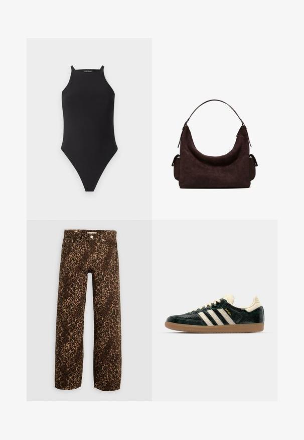 Sort ærmeløs bodysuit med høj hals og tynde skulderstropper på hvid baggrund.; Bordeaux og tan leopardprint brede benjeans. Fremstillet af denim, med et klassisk fem-lomme design og metalhardwaredetaljer.; adidas Originals SAMBA OG - Sneakers - cream white/collegiate green; Mørkebrunt ruskind hobo-task med en enkelt skulderrem og sidelommer med lynlås mod en ensfarvet hvid baggrund.