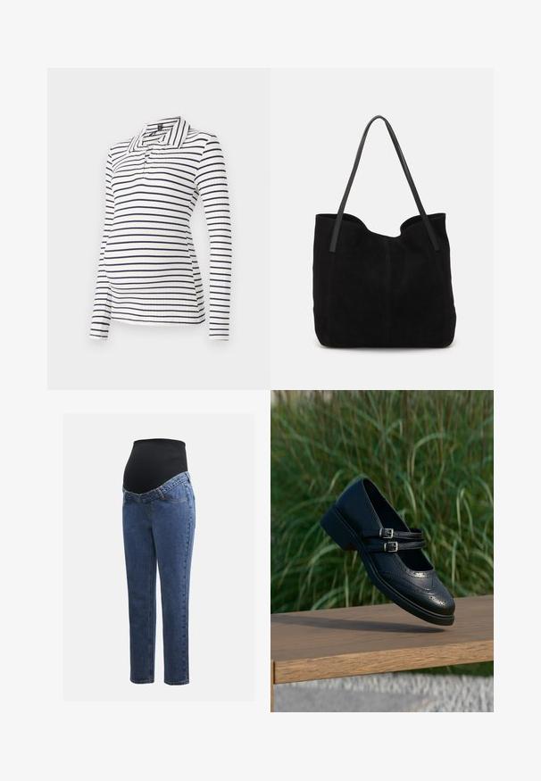 Langærmet graviditetspolo med hvide og navy vandrette stripes, ribbet tekstur og krave med halvknaplukning.; Graviditetsjeans med ben i blå denim og en sort strækbare abdominalpanel designet til at støtte og dække en voksende mave.; Sort læder Mary Jane-sko med dobbelte spænder og brogue-detaljer, der svæver over en træbænk med grøn græsbaggrund.; Sort ruskinds totemed med to lange, flade læderremme. Har en buet topkant og synlige stikninger langs forsiden. Ingen hardware-dekorationer.
