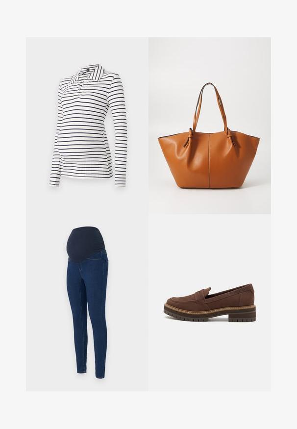 Polo de maternidad de manga larga con rayas horizontales en blanco y azul marino, textura acanalada y un collar con una tapeta de media botonadura.; Jeans de maternidad en denim azul oscuro, con una cinturilla elástica oscura y un diseño ajustado con bolsillos.; TOMS CARA - Zapatos sin cordones - dark brown; Bolso de tote de cuero marrón con una forma amplia y angular; cuenta con dos asas largas y costuras en contraste a lo largo de los bordes.