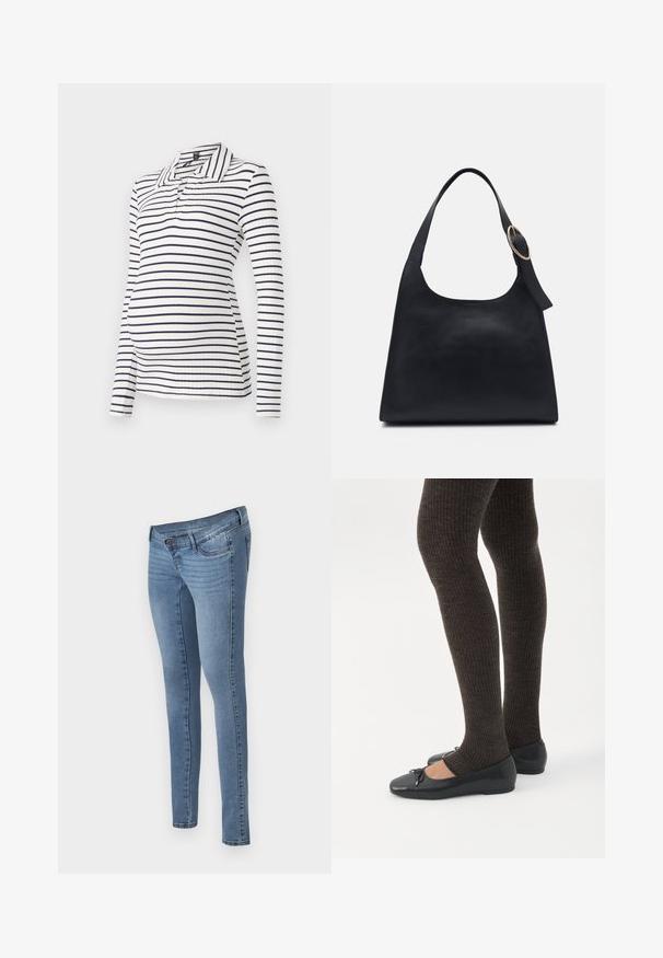 Maternity polo shirt met lange mouwen, voorzien van witte en marineblauwe horizontale strepen, een geribbelde textuur en een kraag met een half-knopsluiting.; MAMALICIOUS Skinny fit maternity Mid waist - Jeans Skinny Fit - medium blue denim; Benen met donkere geribbelde leggings gecombineerd met zwarte ballerina's met kleine strikdetails op een witte achtergrond.; Zwarte leren tote bag met een gladde textuur, ronde vorm en een enkele schouderband met een ronde gouden hardware accent.