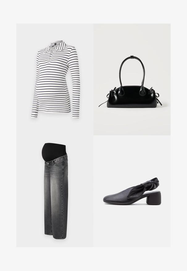 Langærmet graviditetspolo med hvide og navy vandrette stripes, ribbet tekstur og krave med halvknaplukning.; Graviditetsjeans i falmet sort denim med en strækbar sort talje for støtte. Vidde ben design med standard forlommer.; Sort læder slingback-sko med rundet tå, detaljer med knyttet rem og lav blokhæl på hvid baggrund.; Lille sort blank håndtaske med to lange håndtag og snøre-detaljer i siden på en ensfarvet lys baggrund.