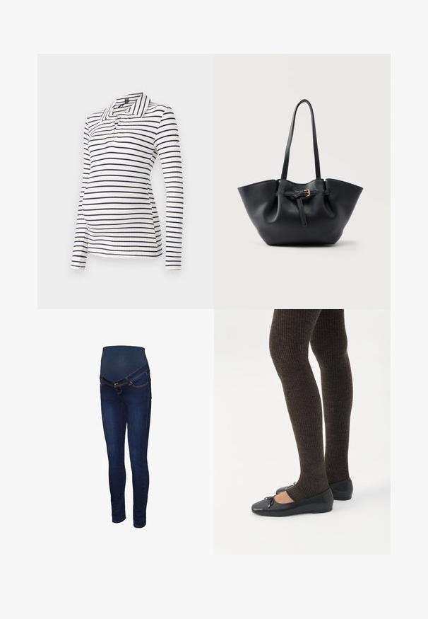 Langærmet graviditetspolo med hvide og navy vandrette stripes, ribbet tekstur og krave med halvknaplukning.; Mørkeblå graviditetsjeans med et strækbart panel ved taljen, slank pasform og klassisk fem-lomme design med kontrastsyninger.; Ben iført mørke ribbede leggings kombineret med sorte balletsko med små sløjfedetaljer på hvid baggrund.; Sort lædertaske med lange håndtag og en frontrem med en lille gylden spænde, sat mod en ensfarvet baggrund.