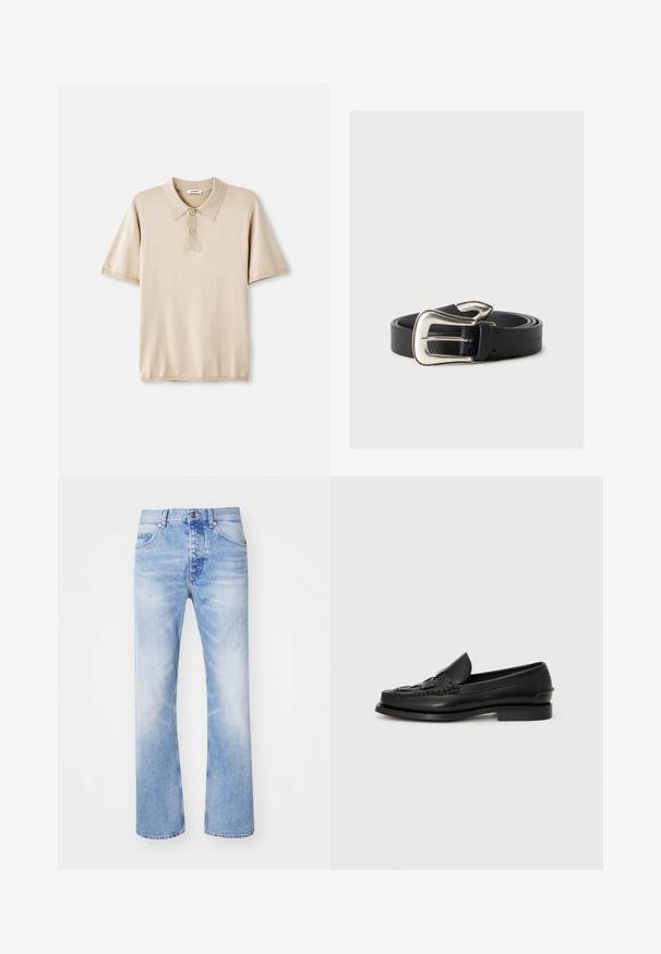 Beige polo skjorte med krave og tre-knaps lukning. Korte ærmer, blød tekstur og lige søm. Minimalistisk design.; Lyseblå denim jeans med et lige ben-design, der har en klassisk fem-lommer stil og et subtilt falmet mønster.; Sorte læderloafer med et vævet detaljer hen over fronten, rund tå og en lav hæl. Glat tekstur og minimalistisk design.; Sort læderbælte med en stor sølv western-stil spænde, sammenrullet på en neutral baggrund.