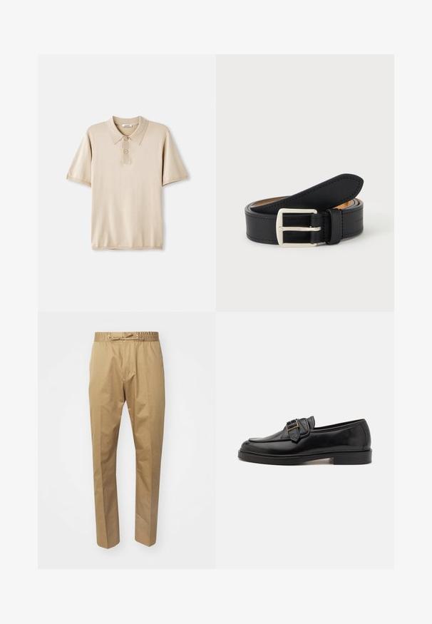 Beige Poloshirt mit Kragen und dreiknopfiger Leiste. Kurze Ärmel, weiche Textur und gerader Saum. Minimalistisches Design.; Beige Hose mit elastischem Taillengummi und verstellbarem Kordelzug. Glatte Textur, gerade Beine und minimalistisches Design.; Schwarze Leder-Lederschuhe mit abgerundeter Zehenpartie und dekorativem Schnallenakzent. Flacher, solider Absatz und durchgehend glatte Oberfläche.; Schwarzer Ledergürtel, zusammengerollt mit sichtbarer silberner rechteckiger Metallschnalle auf einfachem hellem Hintergrund.