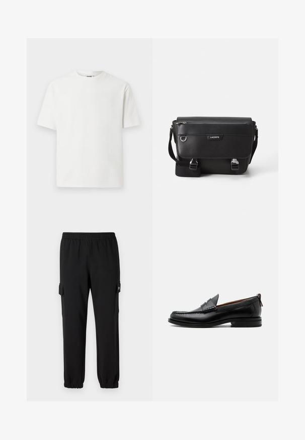 Camiseta blanca de manga corta con un patrón texturizado, cuello redondo y corte relajado. La tela parece ligera y transpirable.; Pantalones de chándal negros con cintura elástica, puños ajustados y bolsillos laterales tipo cargo. Fabricados con material suave y textura lisa.; Mocasín de hombre de piel negra con costura moc toe, tira penny, cuello texturizado y tacón bajo apilado sobre fondo blanco.; Bolso mensajero Lacoste negro texturizado con correa ajustable, tapa frontal, bolsillo con cremallera y cierres de hebilla metálica.