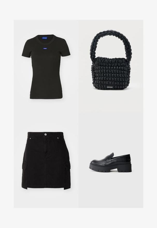 T-shirt noir à manches courtes en coton ribbé, avec un badge logo "HUGO" bleu sur le devant. Design classique à col rond.; Jupe en denim noir avec une silhouette ajustée, fermeture à boutons sur le devant et deux poches cargo sur les côtés. Conçue avec des détails cousus.; Mocassin plateforme noir épais avec tige en cuir lisse, sangle décorative et semelle texturée épaisse sur fond blanc.; Petit sac à main noir matelassé avec une poignée courte rembourrée et une étiquette "HUGO" à l'avant, présenté sur un fond clair uni.