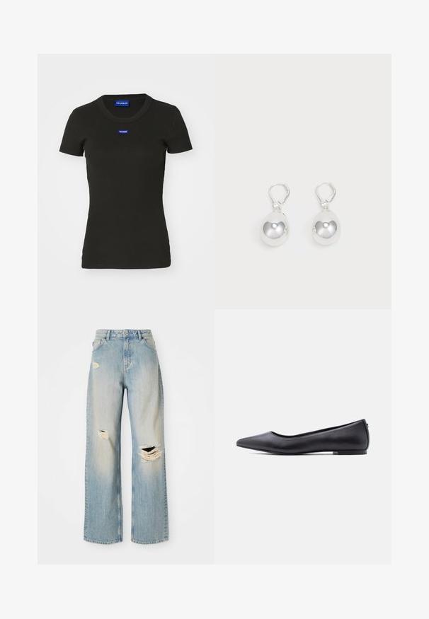 Schwarzes T-Shirt mit kurzen Ärmeln aus geripptem Baumwollstoff, das auf der Vorderseite ein blaues "HUGO"-Logo-Label aufweist. Klassisches Rundhalsdesign.; Hellblaue, gerade geschnittene Jeans mit hoher Taille, Gürtelschlaufen und ausgefransten Rissen am linken Oberschenkel, rechten Knie und unteren linken Bein.; Schwarzer flacher Lederschuh mit spitzer Kappe und niedrigem Absatz, seitlich vor weißem Hintergrund gezeigt.; Silberne Tropfenohrringe mit glatten, runden, reflektierenden Oberflächen, die an Hakenverschlüssen hängen. Der Hintergrund ist reinweiß.