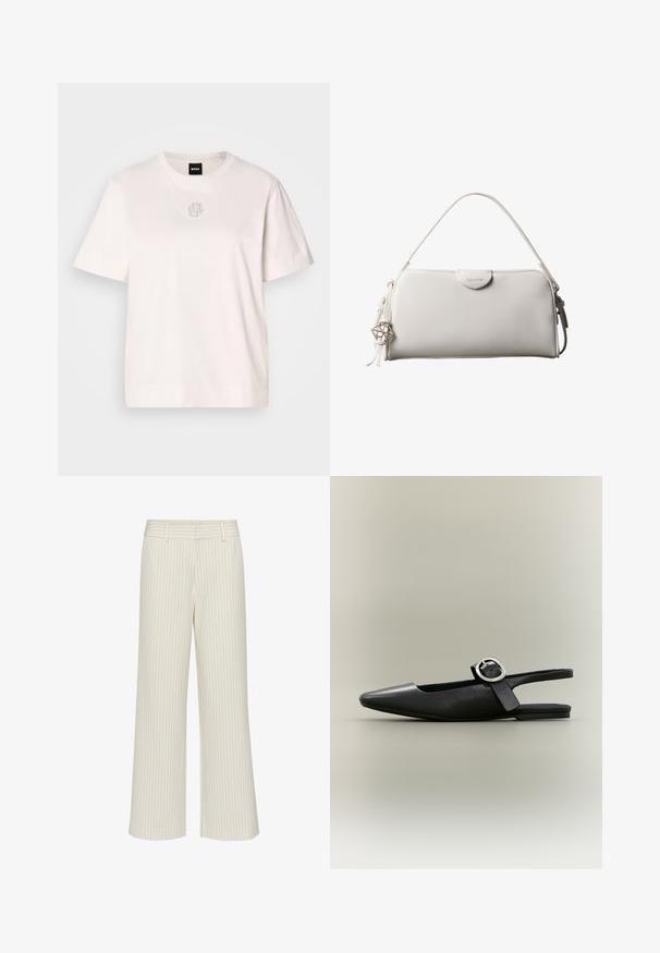 Camiseta blanca de algodón con cuello redondo, mangas cortas y un sutil detalle de logo en el centro que presenta pequeñas tachuelas metálicas.; Pantalones de pierna ancha en tela color crema con sutiles rayas verticales, con cintura plana y lazos para cinturón. Textura suave sin bolsillos.; Zapato plano tipo slingback negro con punta afilada, hebilla plateada y tacón bajo sobre un fondo neutro.; Bolso rectangular blanco de Calvin Klein con un solo asa, diseño minimalista y borlas decorativas con un charm metálico geométrico en el lateral.