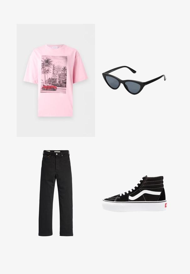 Rosa T-Shirt mit einer schwarz-weißen Vintage-Motelszene und Palmen, mit einem roten Cabrio im Vordergrund.; Schwarze Denim-Jeans mit geradem Bein, hoher Taille, fünf Taschen, Metallknopfverschluss und minimalen Stitching-Details.; Schwarze High-Top-Sneaker mit weißen Schnürsenkeln, einem weißen Logo und kontrastierendem weißen Nähten. Verfügt über eine dicke weiße Sohle und ein strukturiertes Wildleder-Obermaterial.; Schwarze Cat-Eye-Sonnenbrille mit dunkelgrauen Gläsern, schlankem Kunststoffrahmen, spitzen Ecken und geraden Bügeln. Keine sichtbaren Befestigungen oder Akzente.