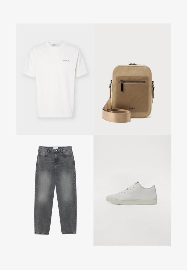 Hvid T-shirt med korte ærmer og rund hals, med lille grøn tekst "JUICE IT UP Marc O'Polo Denim" på venstre bryst.; Høj talje, løstsiddende jeans i falmet sort denim. Har fem lommer, bæltestropper og et rent, lige ben design.; Hvide lædersneakers med lavt design, der har runde snørebånd, minimal syning og en struktureret gummisål.; Lille beige crossbody-taske med lynlåslomme foran, metal ALDO-logo, justerbar bred rem og rundet rektangulær form på hvid baggrund.
