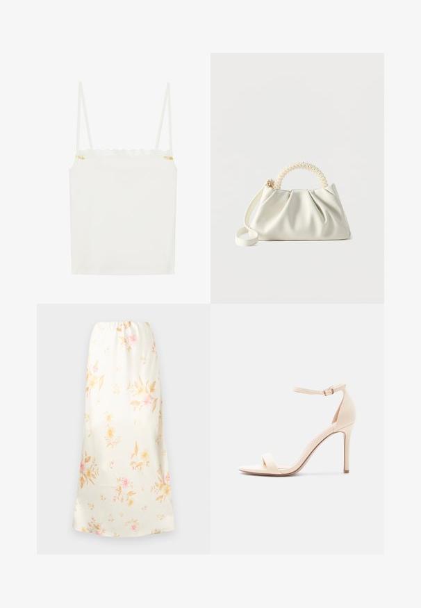 Débardeur blanc à fines bretelles, avec un décolleté en dentelle festonnée et un petit accent floral sur le côté. Texture lisse, design simple.; Jupe midi couleur crème avec imprimé floral rose pâle et beige, dotée d'une taille élastique et d'un tissu lisse et fluide.; Sandale à talon haut beige avec bride à la cheville et bout ouvert, finition lisse, et talon stiletto fin sur fond blanc.; Petit sac à main blanc avec un corps froncé, une poignée ronde ornée de perles et une bandoulière amovible sur un fond uni.