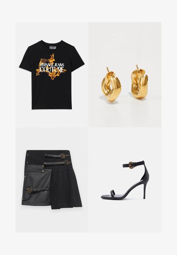 Must musta T-särk, millel on valge tekst "VERSACE JEANS COUTURE" ja elegantne kuldne disain teksti ümber, lühikesed varrukad, ümar kaelus.; Must värviga seelik, millel on nahktooted, pannalate üksikasjad ja erinevad tekstuurid. Vasakul küljel on tasku ning disain on volditud.; Mustad kõrgete kontsadega sandaal õhukese pahkluu rihmaga, millel on dekoratiivne kuldne pandlaga ja üks varbarihm, tekstureeritud nahkviimistlus.; Paksu kullast rõngas kõrvarõngad, millel on kergelt keeratud, torujadne disain ja tagatud kinnitused valgel taustal.