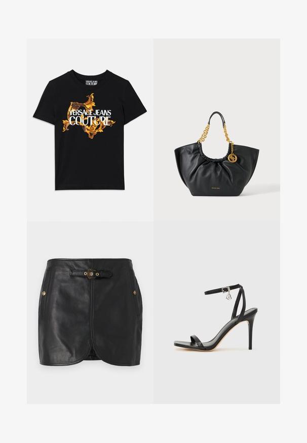 Sort bomulds t-shirt med hvid tekst "VERSACE JEANS COUTURE" og et overdådigt guld design omkring teksten, korte ærmer, rund halsudskæring.; Sort læderskirt med en tætsiddende design, lige snit, guldfarvede hardwaredetaljer, sidelommer og bælte i taljen.; Sort hæl-sandal med smal ankrem, firkantet tå-boks, glat lædermateriale og metalspænde som pynt.; Sort læder Michael Kors håndtaske med samlet top, gyldne kædehanke og rundt gyldent logo ved den ene side.
